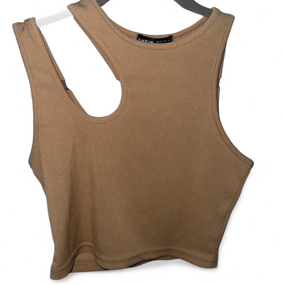 SHEIN Tan Sleeveless Muscle Tee with Cut Out Design